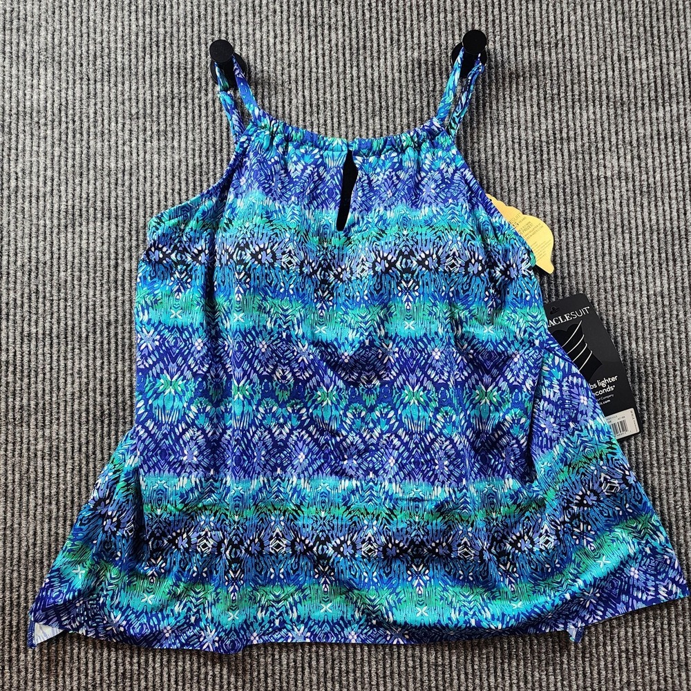 Miraclesuit Womens Tankini Top 18W Curacao Peephole Soft Cup Blue Ikat Swimwear